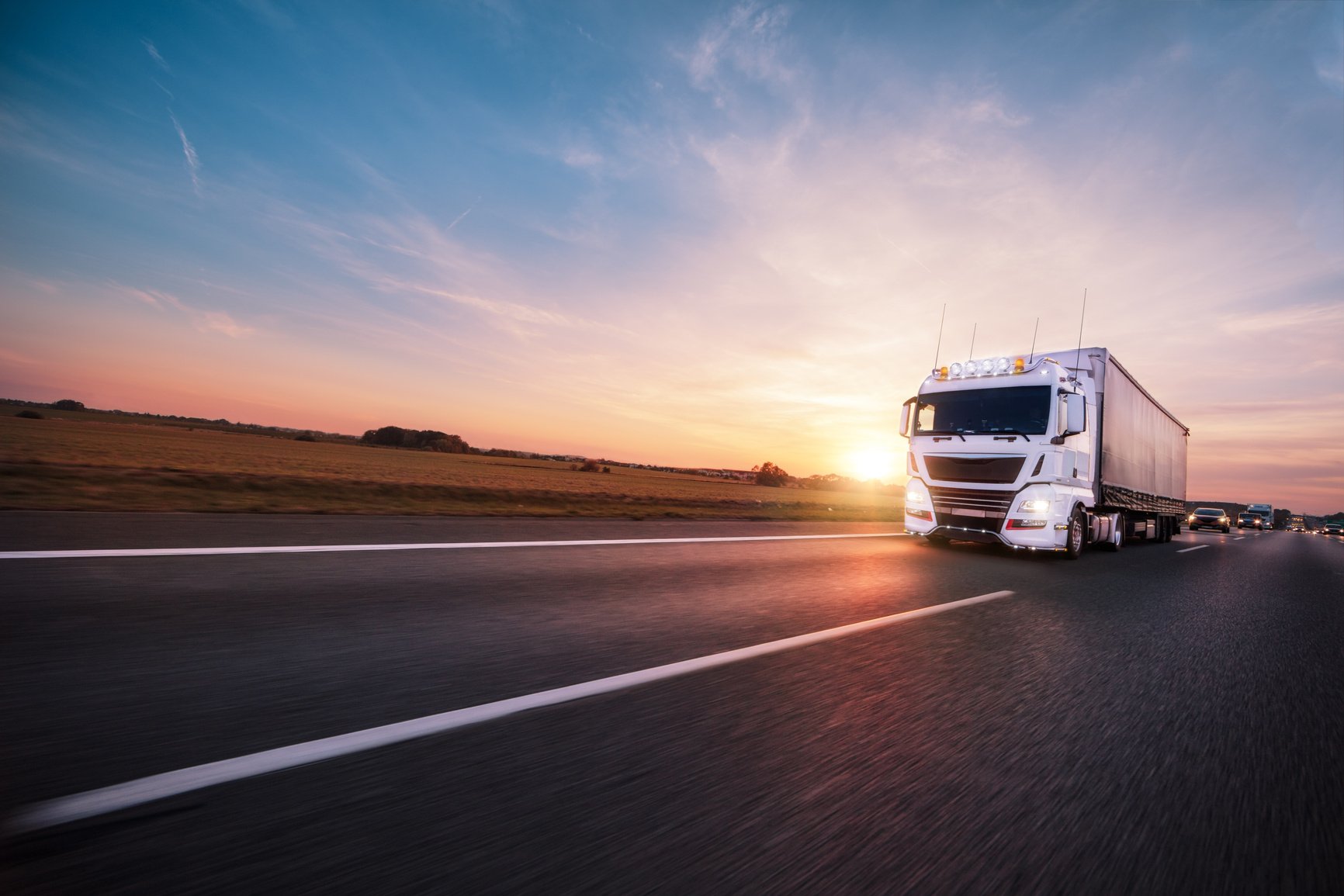 Truck with container on road, cargo transportation concept.